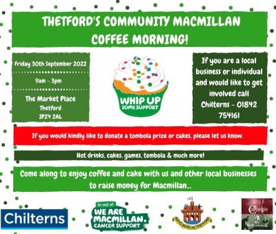Supporting Thetfords Community MacMillan Coffee Morning - Friday 30th September 2022